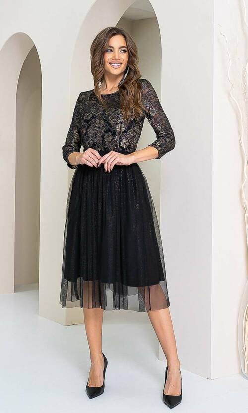 Коктейльна Сукня Гіпюр 21147 Чорна Срібна