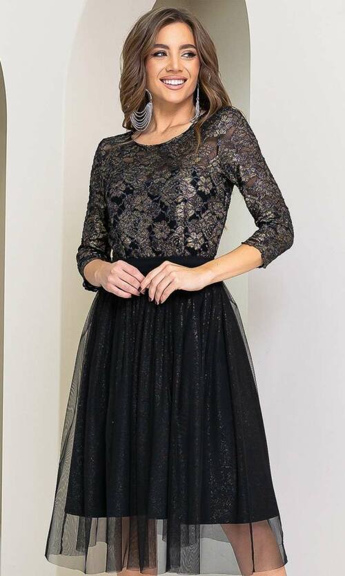 Коктейльна Сукня Гіпюр 21147 Чорна Срібна