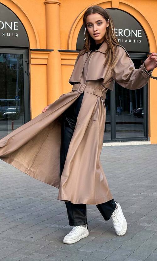 Двобортний Тренч Еко Шкіра 21143 Кавовий