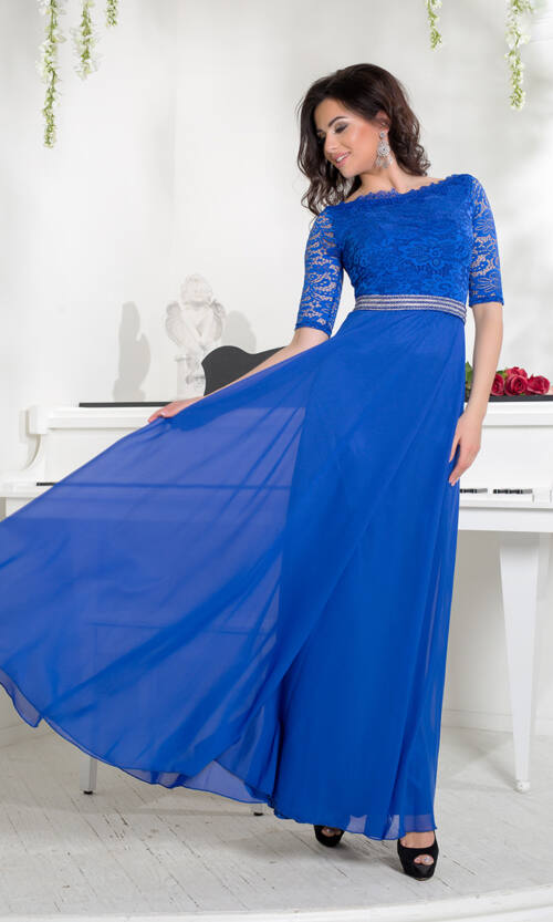 Вечірня Сукня Гіпюр Шифон 6011 Електрик