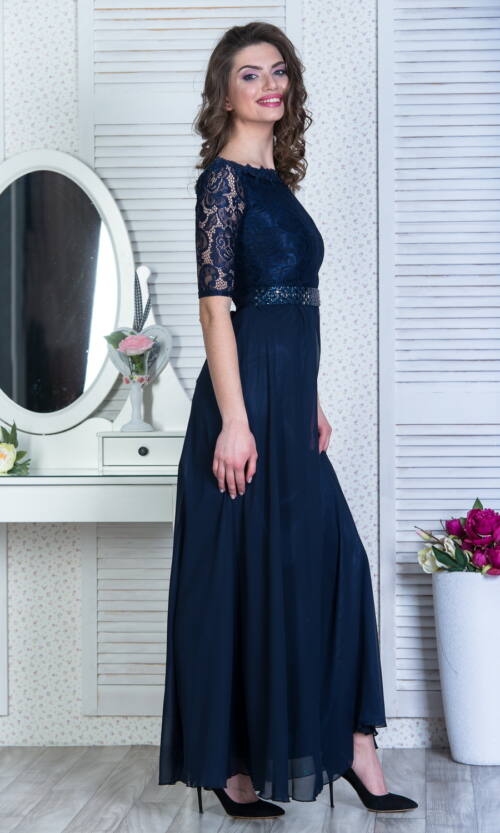 Вечернее Платье Гипюр Шифон 6011 Синее