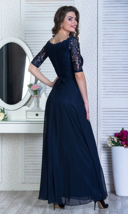 Вечернее Платье Гипюр Шифон 6011 Синее