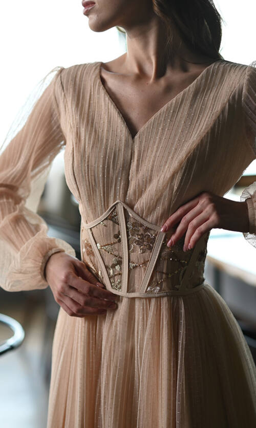 Коктейльна Сукня Гофре Корсет 23035 Бежева