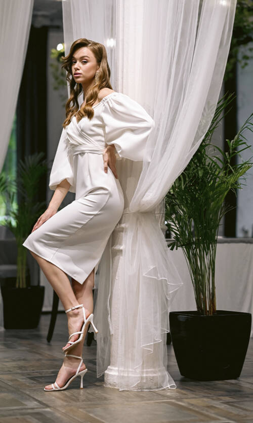 Коктейльна Сукня Костюмний Кріп 22063 Молочна