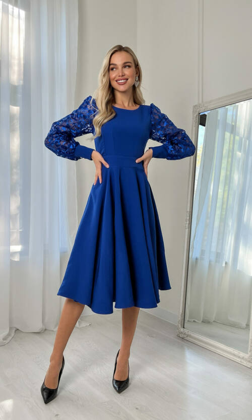 Коктейльна Сукня Гіпюр Рукава 22092 Синя