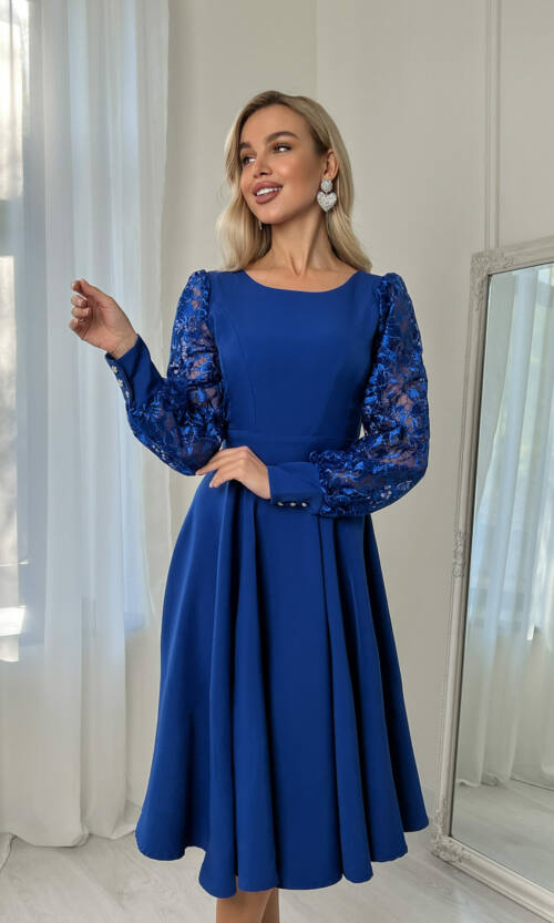 Коктейльна Сукня Гіпюр Рукава 22092 Синя