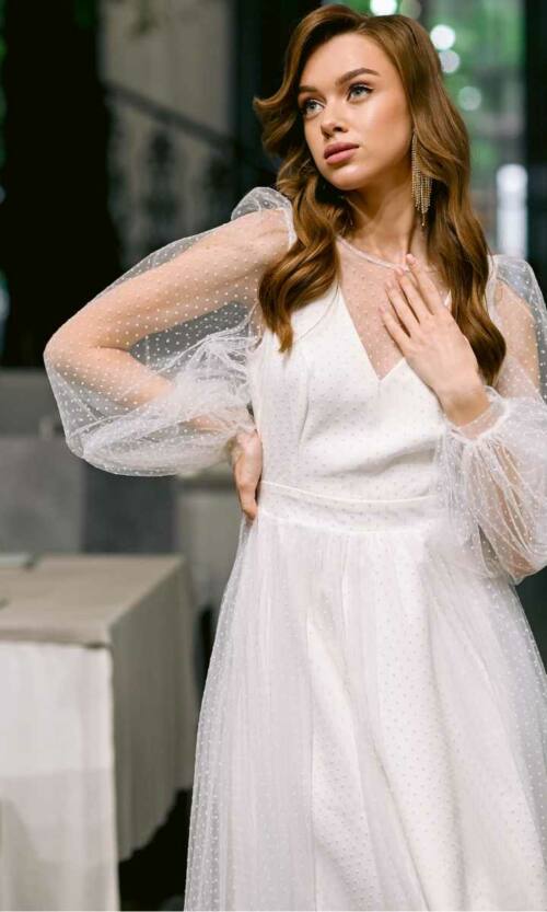 Коктейльна Сукня Сітка Мушка 23044 Молочна