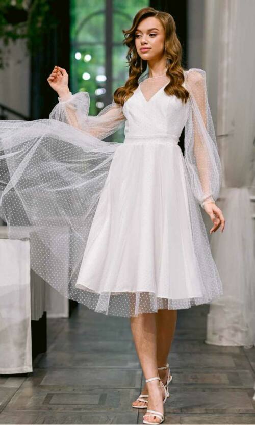 Коктейльна Сукня Сітка Мушка 23044 Молочна