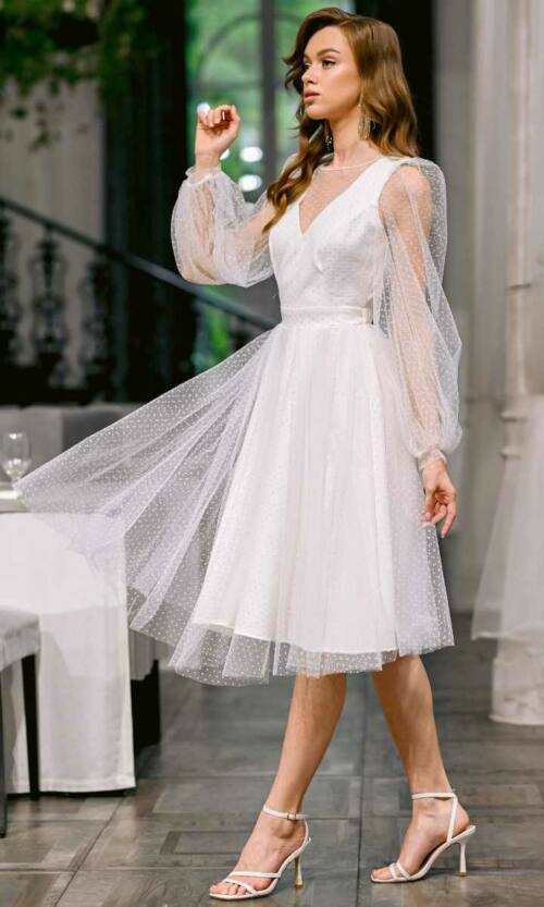 Коктейльна Сукня Сітка Мушка 23044 Молочна