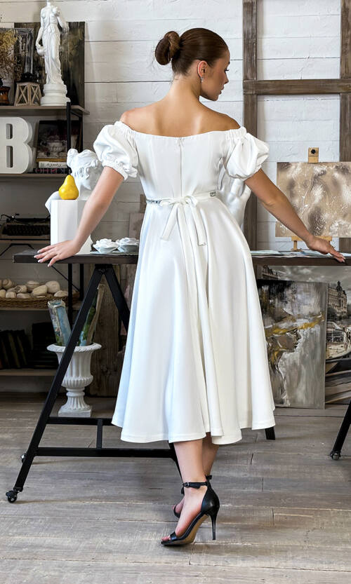 Коктейльна Сукня Пояс Стрази 23043 Молочна