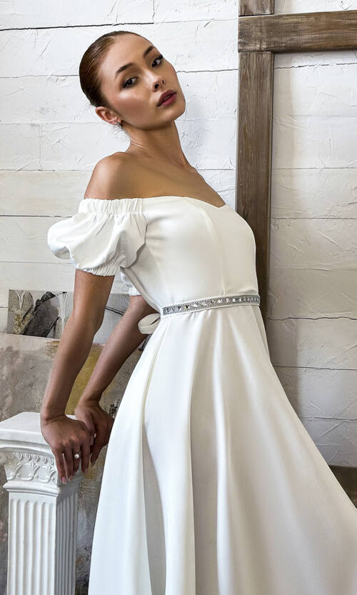 Коктейльна Сукня Пояс Стрази 23043 Молочна