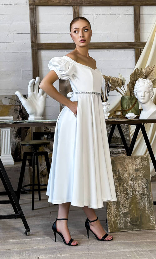 Коктейльна Сукня Пояс Стрази 23043 Молочна