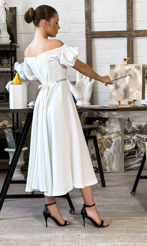 Коктейльна Сукня Пояс Стрази 23043 Молочна