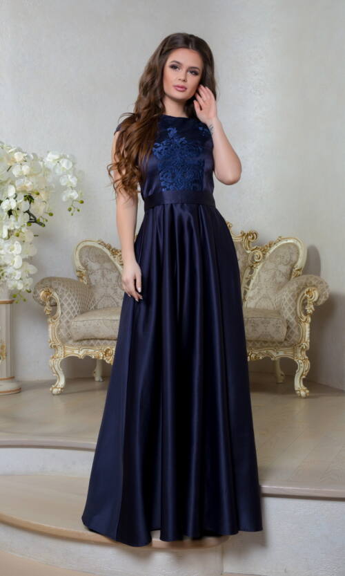 Вечірня Сукня Атлас Вишивка 8026 Синя