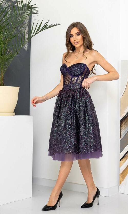 Коктейльное Платье Корсет Глиттер 22011 Сливовое