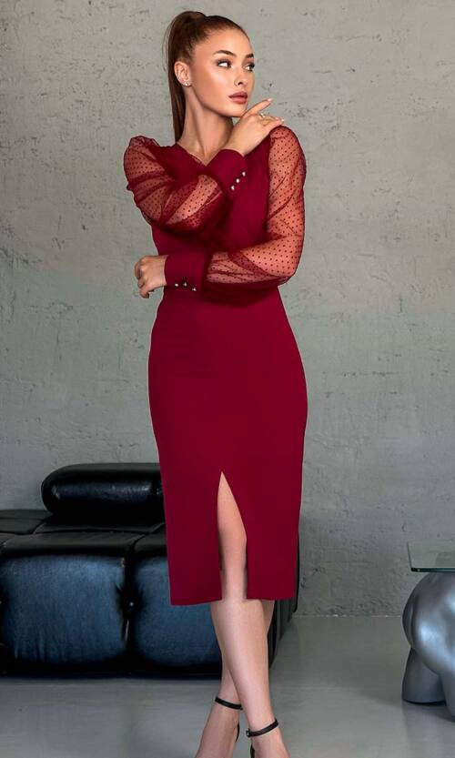 Коктейльна Сукня Рукава Сітка 23016 Бордова