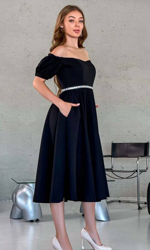 Коктейльна Сукня Пояс Стрази 23043 Чорна