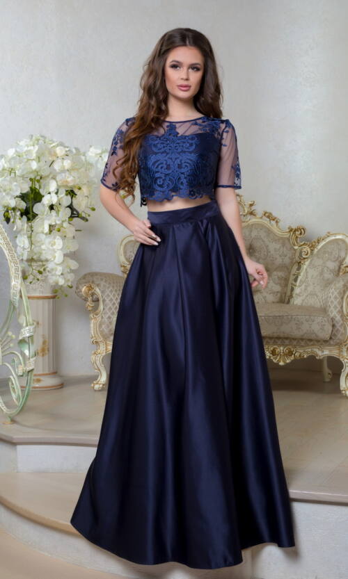 Вечірня Сукня Атлас Вишивка 8012 Синя