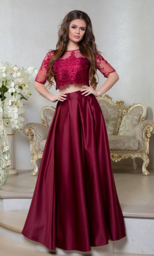 Вечірня Сукня Атлас Вишивка 8012 Бордова