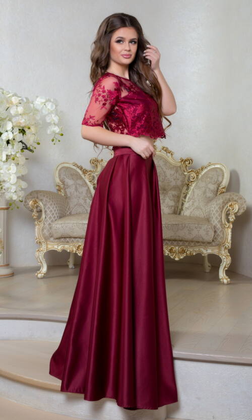 Вечірня Сукня Атлас Вишивка 8012 Бордова