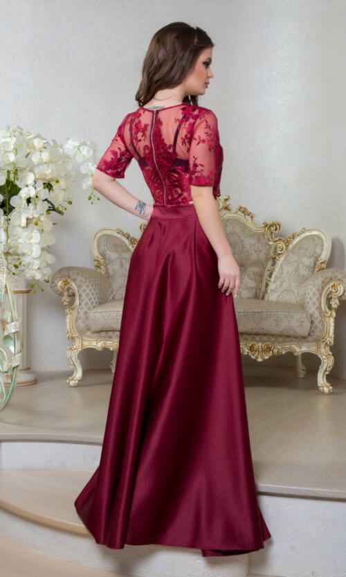 Вечірня Сукня Атлас Вишивка 8012 Бордова