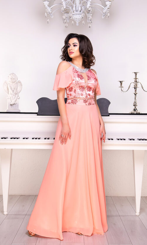 Коралловое Вечернее Платье Атлас Шифон 9064