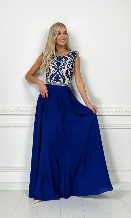 Вечернее Платье Аппликация Макси 7012 Синее