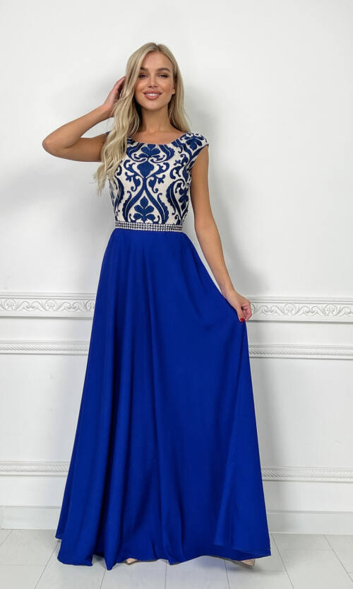 Вечернее Платье Аппликация Макси 7012 Синее