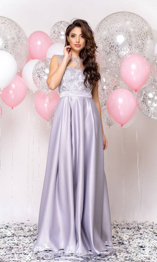 Вечернее платье Атлас Глиттер 20018 Серое