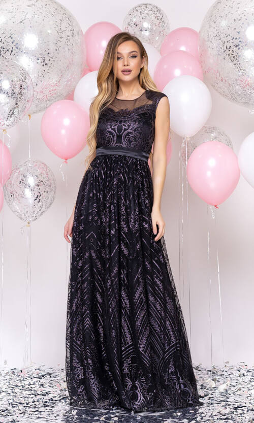 Вечернее Платье Атлас Глиттер 20022 Черное