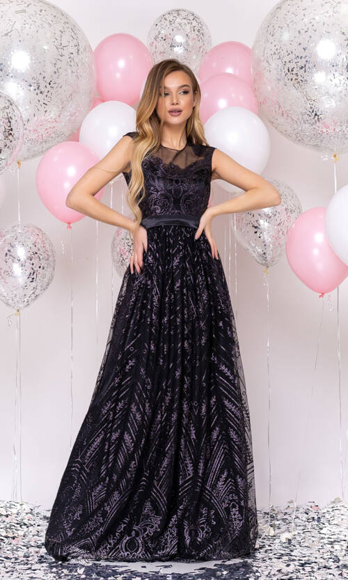 Вечернее Платье Атлас Глиттер 20022 Черное