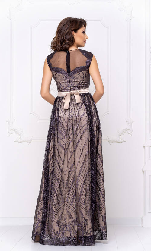 Вечернее Платье Атлас Глиттер 20022 Бежева