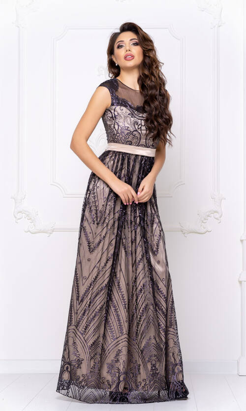 Вечернее Платье Атлас Глиттер 20022 Бежева