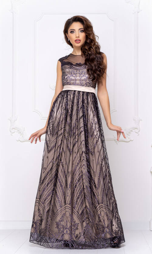 Вечернее Платье Атлас Глиттер 20022 Бежева