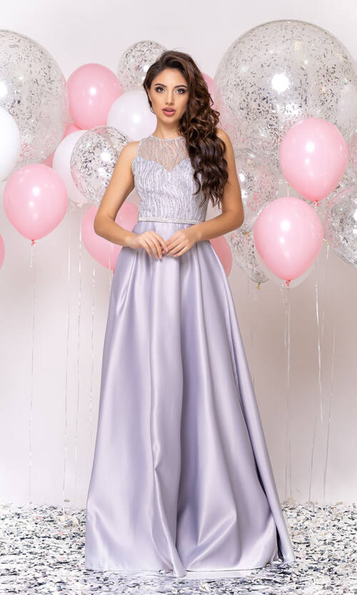 Вечірня сукня Атлас Максі 20024 Сіра