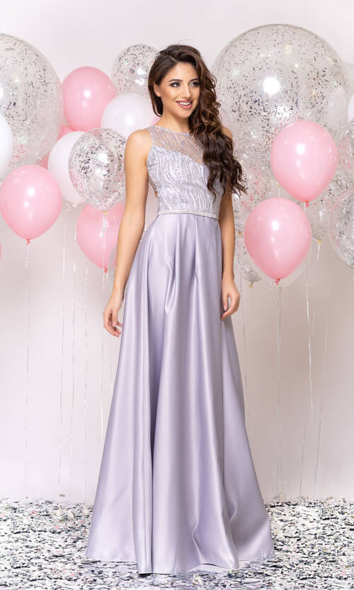 Вечірня сукня Атлас Максі 20024 Сіра