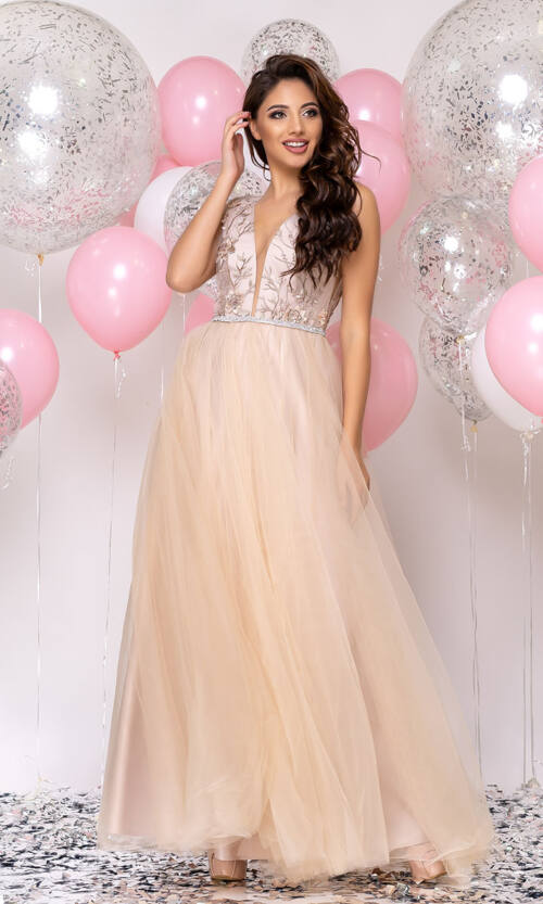 Вечірня сукня Декольте Вишивка 20026 Бежева