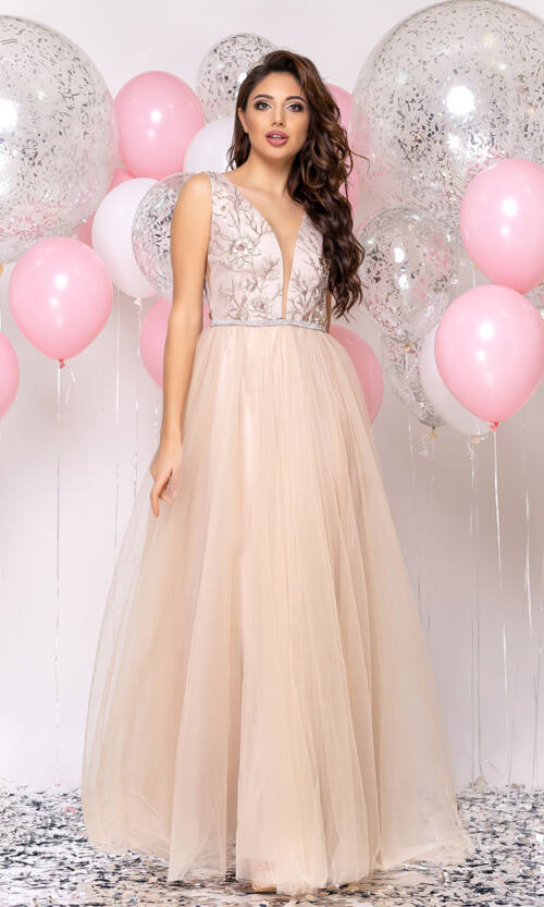 Вечірня сукня Декольте Вишивка 20026 Бежева