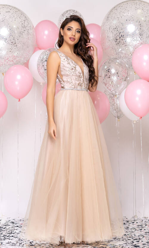 Вечірня сукня Декольте Вишивка 20026 Бежева