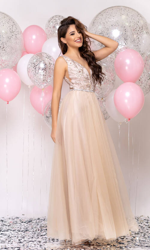 Вечірня сукня Декольте Вишивка 20026 Бежева