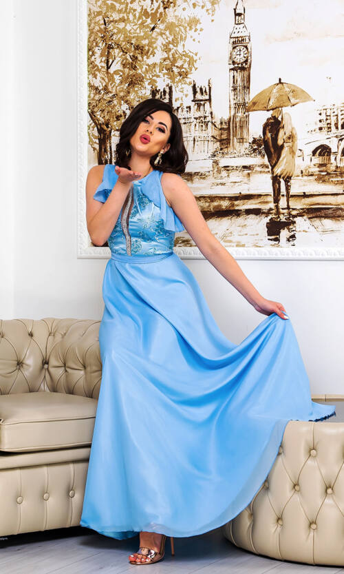 Вечірня Сукня Атлас Шифон 9076 Блакитна