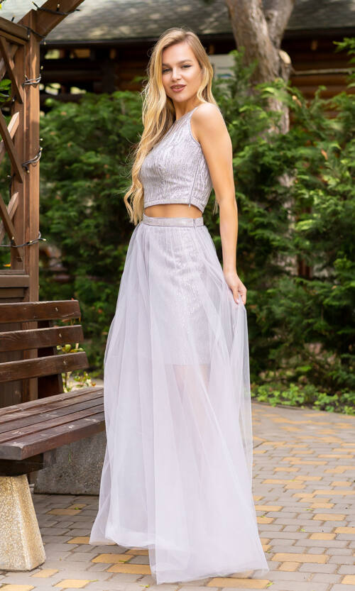 Вечірня Сукня Двійка Максі 20046 Сіра