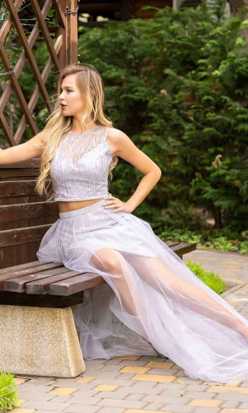 Вечірня Сукня Двійка Максі 20046 Сіра