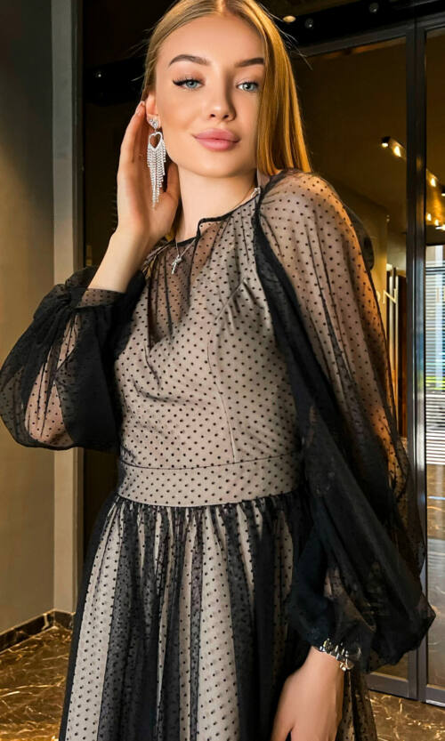 Коктейльна Сукня Сітка Мушка 23044 Бежева