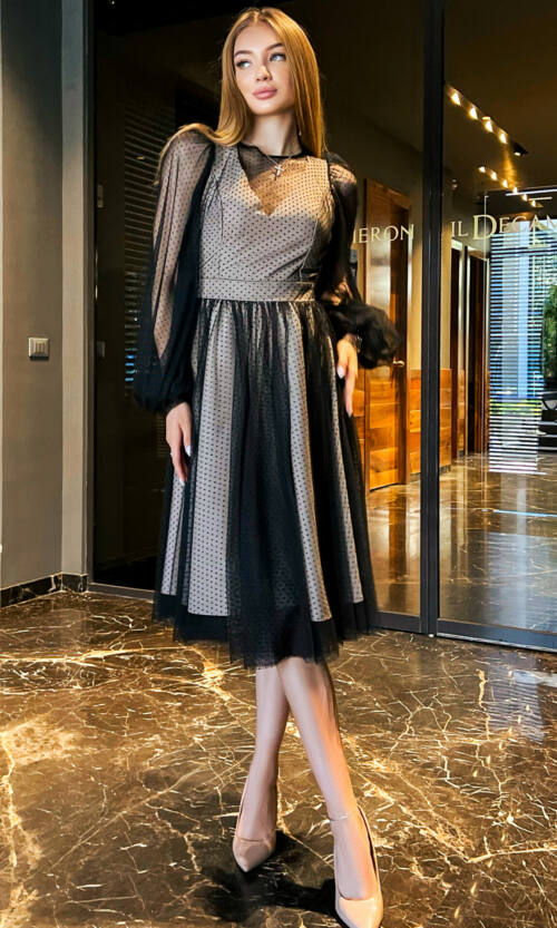 Коктейльна Сукня Сітка Мушка 23044 Бежева