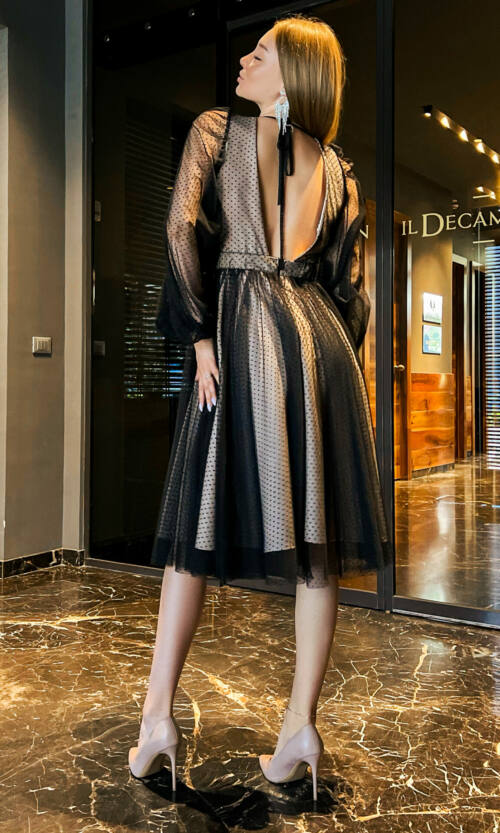 Коктейльна Сукня Сітка Мушка 23044 Бежева