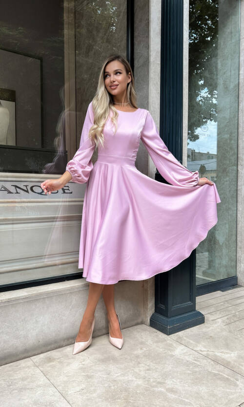 Коктейльное Платье Атлас Шелк 22070 Фрезовое