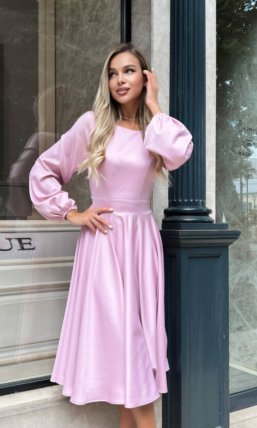 Коктейльное Платье Атлас Шелк 22070 Фрезовое