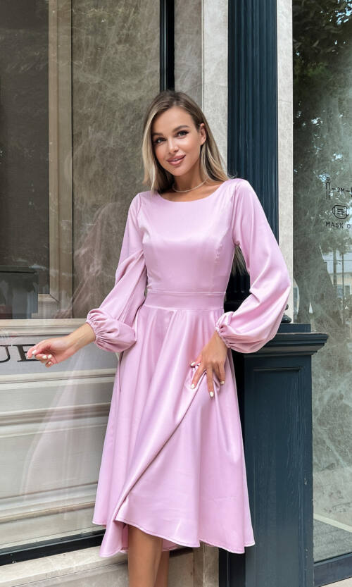 Коктейльное Платье Атлас Шелк 22070 Фрезовое