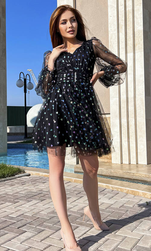 Коктейльна Сукня Сітка Сердечки 23045 Чорна